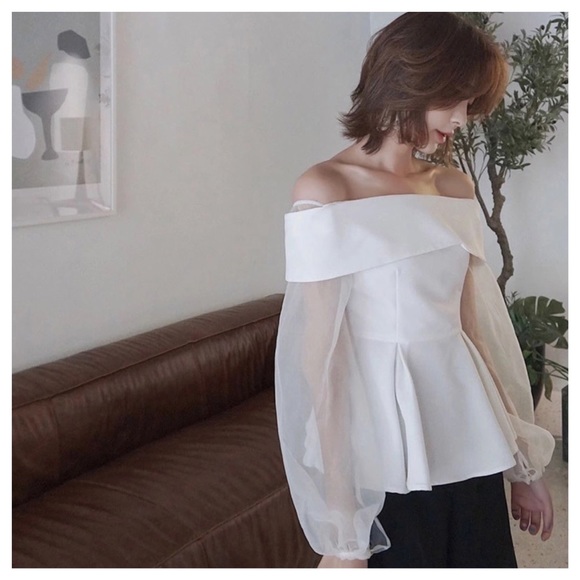 Silky White Sheer Sleeve Off The Shoulder Top - Picture 8 of 8